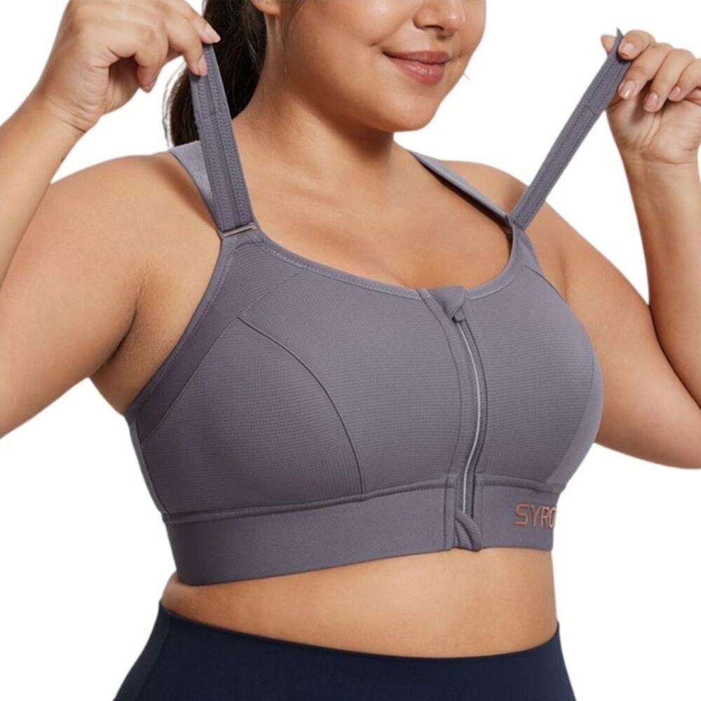 Syrokan High Impact Sports Bra Zip Front Adjustable Racerback Womens 30DD